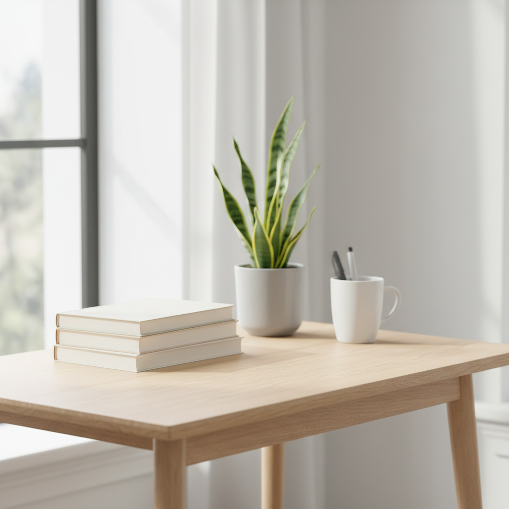 Un escritorio minimalista con libros y una planta bajo luz natural suave