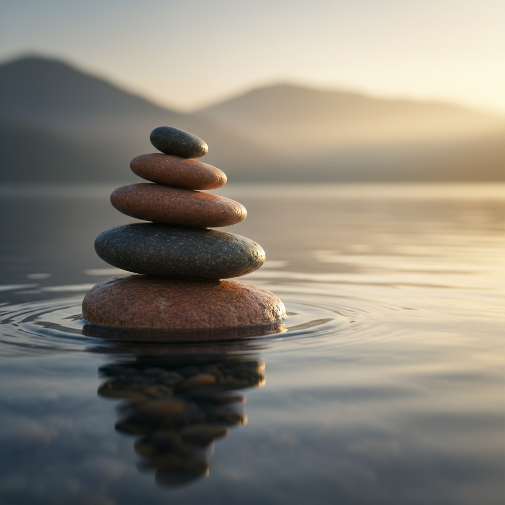Piedras en equilibrio zen sobre una superficie de agua tranquila