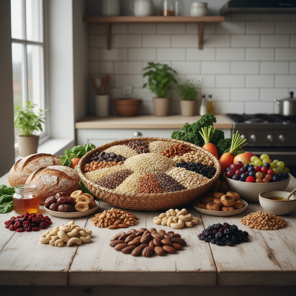 Alimentos integrales dispuestos de forma equilibrada