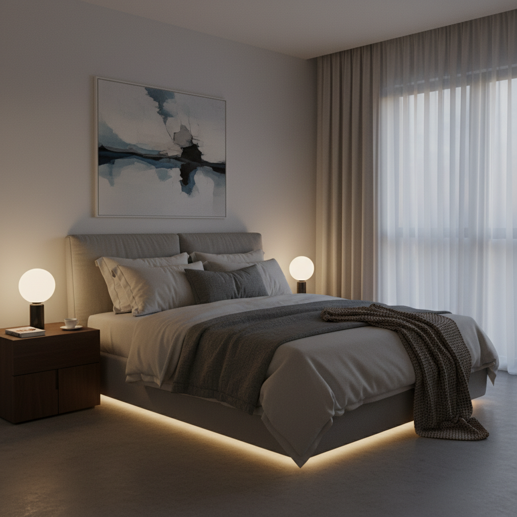 Una habitación tranquila en penumbra sugiriendo descanso