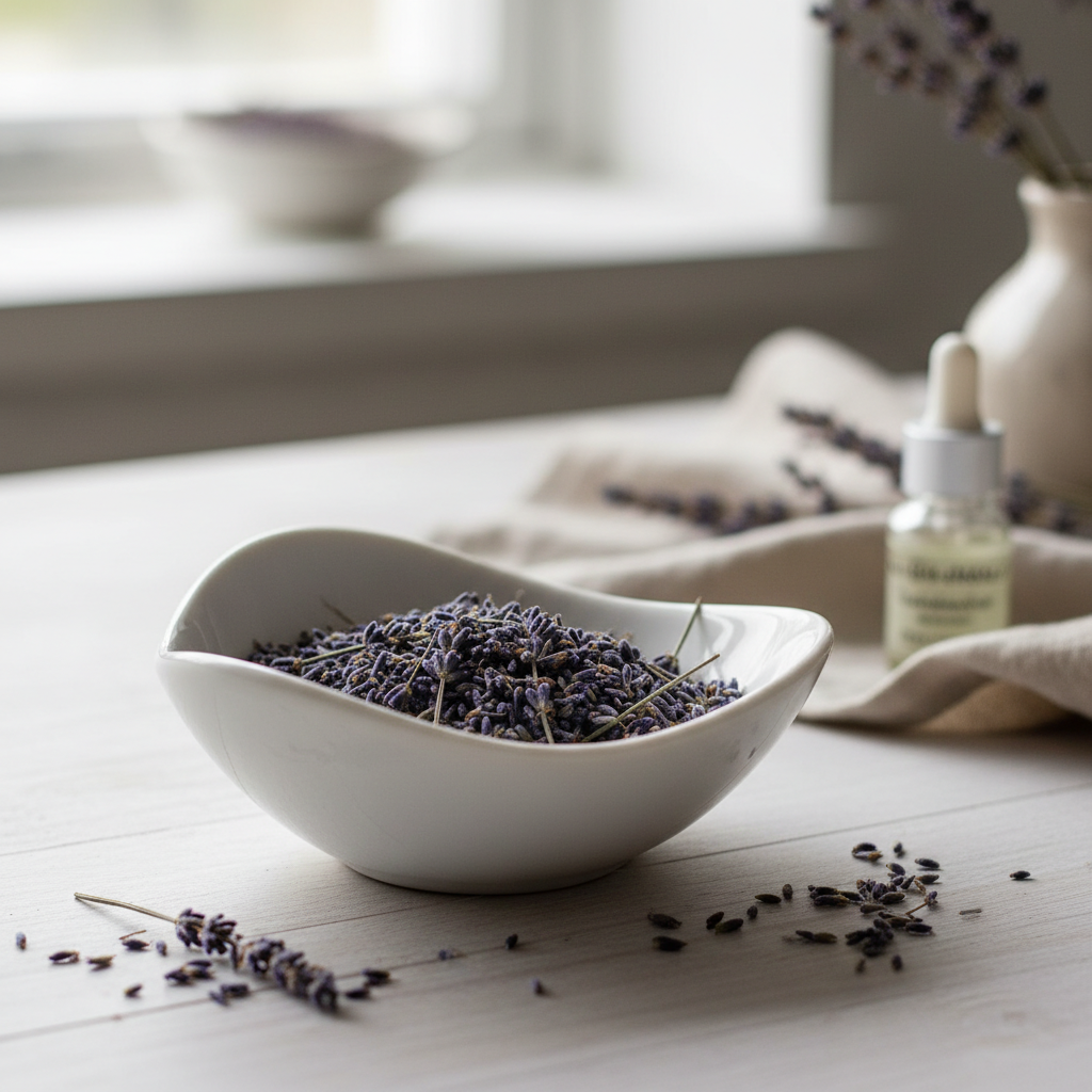 Flores de lavanda secas en un cuenco