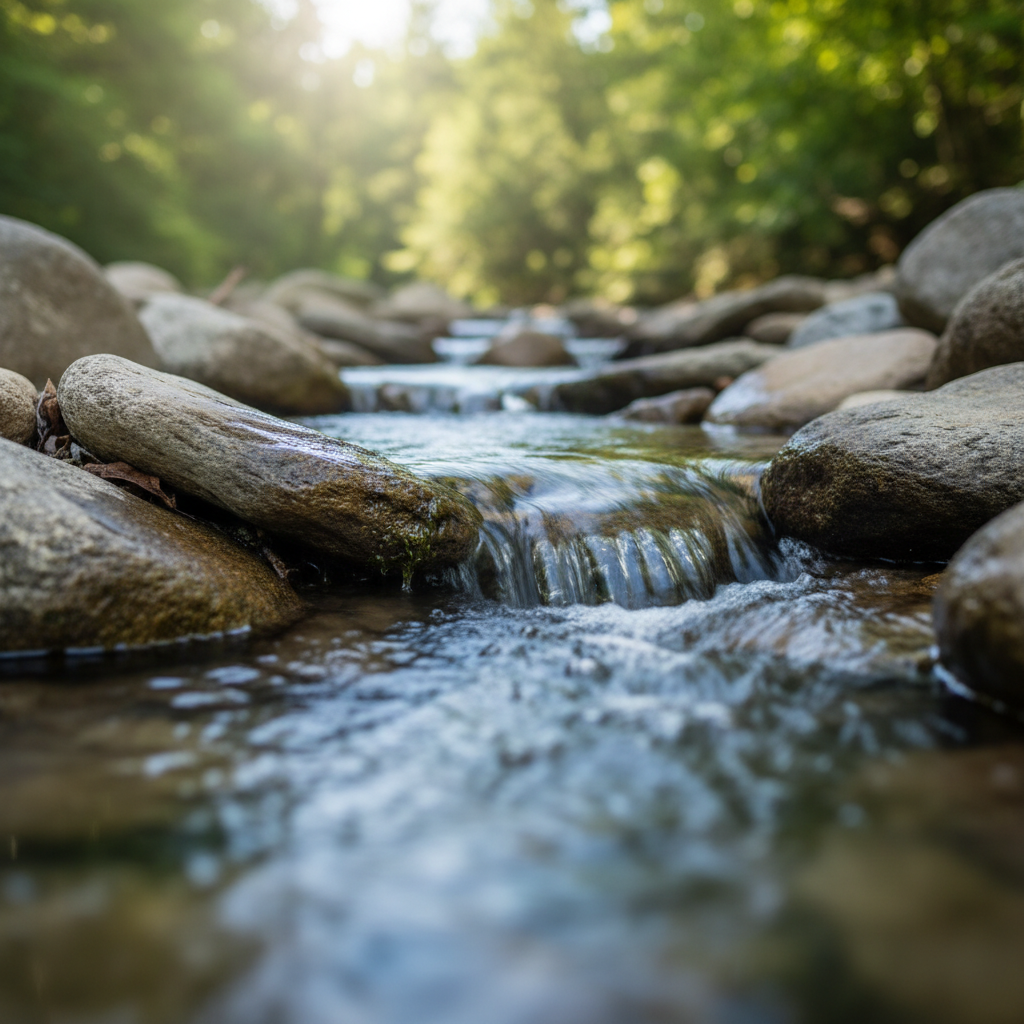 Agua fluyendo suavemente sobre piedras de río
