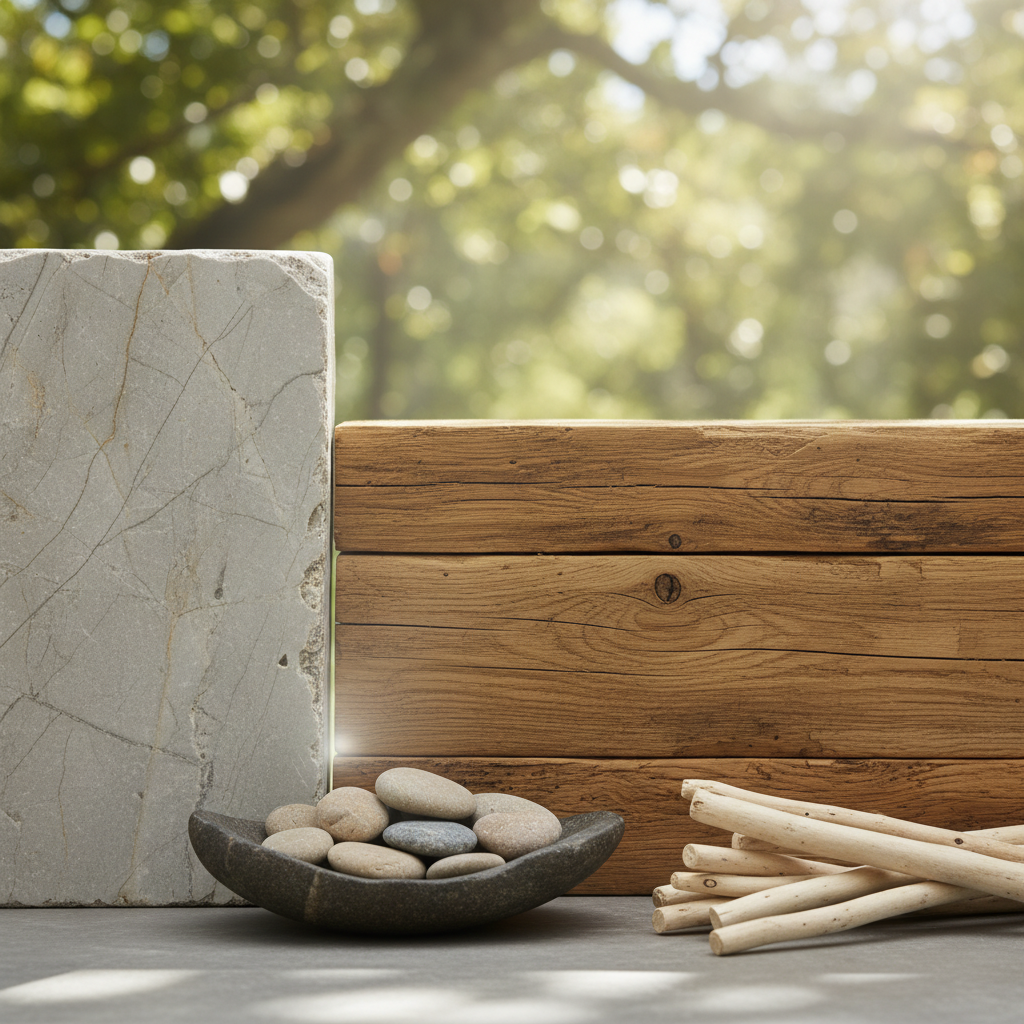 Textura natural de madera y piedra que simboliza la estabilidad y el equilibrio